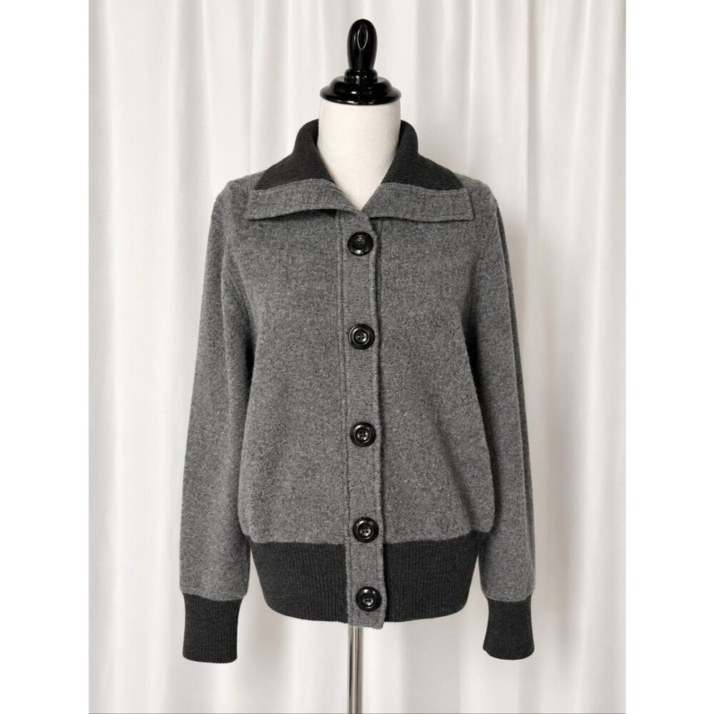 Bernardo Collection Gray Wool Sweater Jacket Dark Trim High Neck Button Front